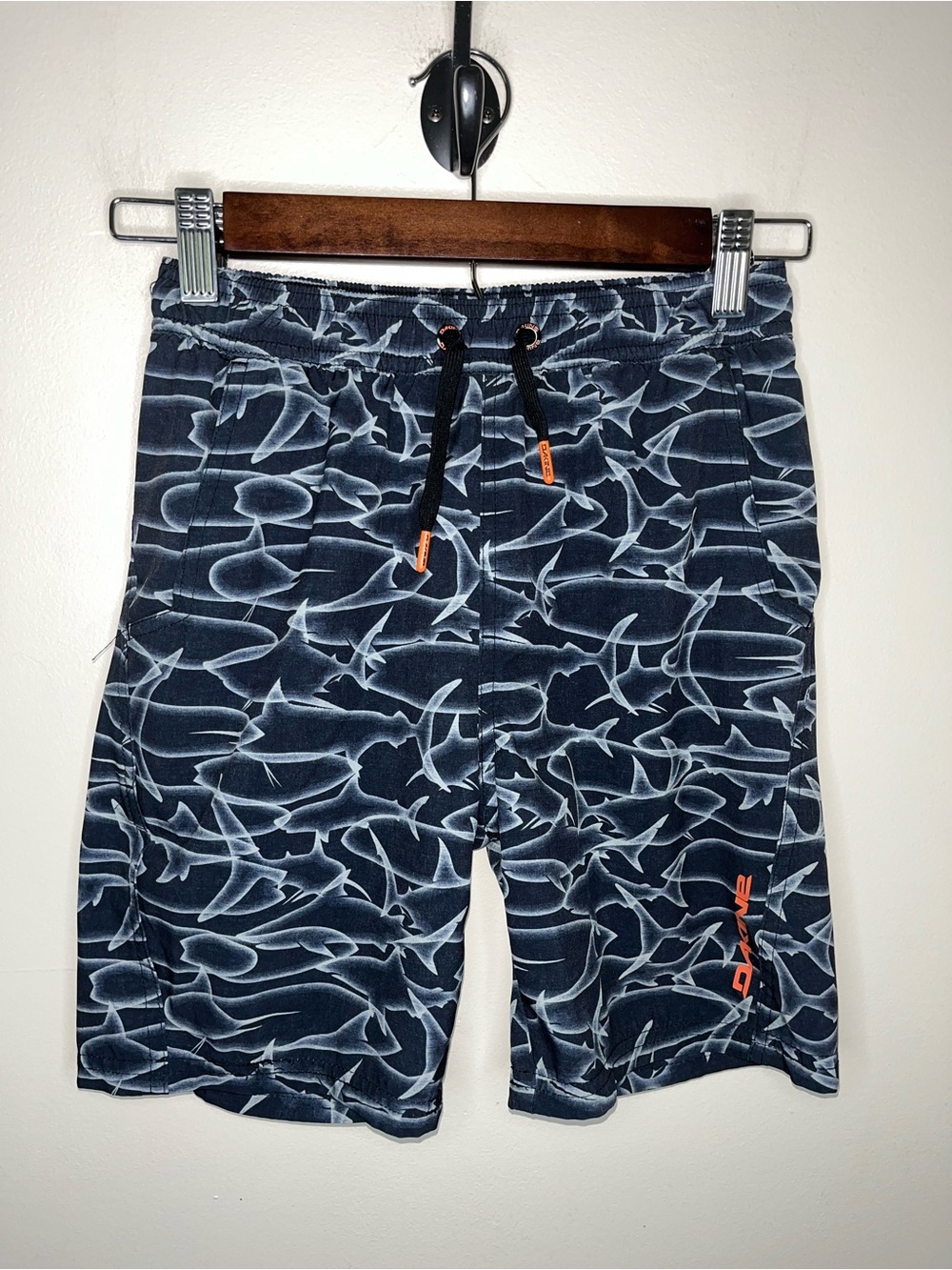 Dakine Boys Shark Print Swim Shorts Gray Orange Size S EUC Swim Trunks Pool